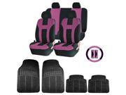 Double Stitched Pink Polyester Seat Covers Combo 4pc Black Rubber Floor Mats Steering Universal Set