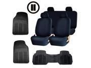 Double Stitched Black Polyester Seat Covers Combo 3pc Black Rubber Floor Mats Steering Universal Set