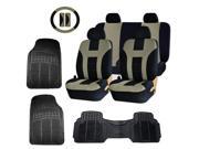 Double Stitched Beige Polyester Seat Covers Combo 3pc Black Rubber Floor Mats Steering Universal Set