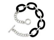 925 Sterling Silver Oval Link Onyx and Cubic Zirconia Toggle Bracelet