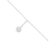 925 Rhodium Flashed Silver White Cubic Zirconia Peace Sign Anklet 2mm