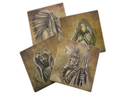 Native American Beverage Coaster Set of 4 Old Western and Indian Themed Decorative Tabletop Pieces
