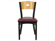 HERCULES Series Black Circle Back Metal Restaurant Chair Natural Wood Back Burgundy Vinyl Seat