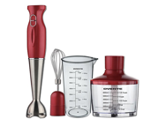 Ovente HS585R Robust Stainless Steel Immersion Hand Blender with Beaker Whisk Attachment and Food Chopper Red