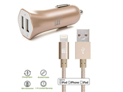LAX Apple MFI Certified Dual USB 3.4A Car Charger with 4 feet Lightning Cable for iPhone 6s and iPad Gold