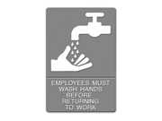 Headline Sign ADA Sign Employees Must Wash Hands Tactile Symbol Braille 6 x 9 Gray one sign with instructions and mounting tape.