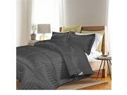 3 Piece Full Queen Black Damask Stripe Comforter Set Fancy Luxury Bedding Classic Traditional Style Microfiber Polyester Material Reversible Machine Wash