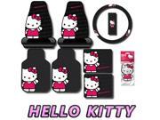 8pc Waving Hello Kitty Car Interior Gift Set with 4pc Floor Mats 2pc Seat Covers Steering Wheel Cover and Air Freshener