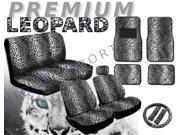 Snow Gray Leopard Seat Covers Floor Mats Set – 15pc Safari Animal Print