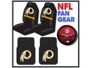 NFL Fan Gear – Washington Redskins Bucket Seat Covers Pair – 2 Piece Rubber Floor Mats – Steering Wheel Cover