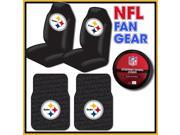NFL Fan Gear – Pittsburgh Steelers Bucket Seat Covers Pair – 2 Piece Rubber Floor Mats – Steering Wheel Cover