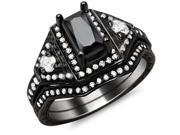 0.5Ct 4*6mm Retangular Cut Sterling Silver Black Wedding Women Ring Set Size 9