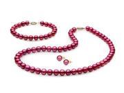 Mabella Freshwater Cranberry Red Pearl Necklace Bracelet Earrings 7 7.5mm AAA Quality 14k Solid Yellow Gold Clasp Bridal Jewelry Set