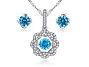 Mabella Created Blue Topaz Round Cut Flower Shape Sterling Silver Dancing Pendant Necklace with Free Earrings Set