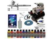 MASTER Dual Action Airbrush Compressor Kit 12 Wicked Paint Colors Hobby Art