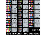 Set 12 360 Airbrush Nail Art STENCIL DESIGNS 20 Template Sheets Kit Brush Paint