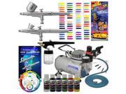 New 3 Airbrush Kit 6 Primary Colors Air Compressor Dual Action Createx Wheel Set
