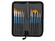 12pc Short Handle Nylon Hair Artist Paint Brush Set Blue Handle w Carry Case