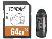 TOPRAM 64GB 64G SD SDHC SDXC Card Class 10 Extreme Speed for Camera Camcorder with R1 Reader