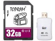 TOPRAM 32GB SD 32G SDHC Card Class 10 Ultra High Speed UHS I for Camera Camcorder with R16 Reader