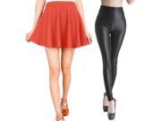 New Womens Combo of Faux Leather High Waist Medium Size Legging and Cotton Blends Free Size Mini Skirt Black Warm Red