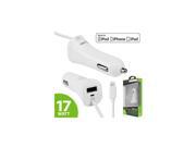 For iPhone iPad iPod 3.4 Amp 17W Lightning Cable w USB Port Car Charger White