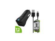 Ultra Compact 12Watt 2.4 Amp Dual USB Car Charger 4ft Micro USB Cable Black