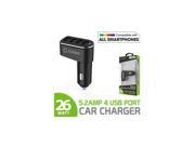 Universal 26W 5.2 Amp 4 Port USB Car Charger Adapter With Smart IC Chip Black