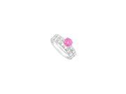Created Pink Sapphire and Cubic Zirconia Engagement Ring with Wedding Band Set 14K White Gold 0.