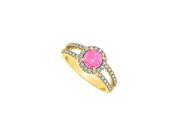 Pink Sapphire and Cubic Zirconia Wide Split Shank Halo Engagement Ring in 14K Yellow Gold