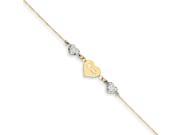 Diamond Cut Puffed and Mom Heart Anklet in 14K Two Tone Gold 9 Inch