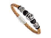 Light Tan Leather And Stainless Steel Beads Bracelet 7.5 Inch