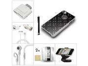 Bundle 10in1 Accessory For iPhone 4 4S Black Case Stylus Charger Earphone Reader
