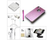 Bundle 10in1 Accessory For iPhone 4 4S Pink Case Charger Holder Film Earphone