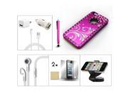 Bundle 9in1 Accessory for iPhone 5 Hot Pink Case Earphone Car Holder Charger
