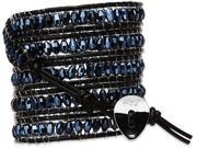 Wrap Bracelet Black Leather with Dark Blue Crystal Beads
