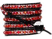 Wrap Bracelet Black Leather with Red Crystal Beads