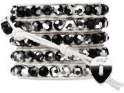 Wrap Bracelet White Leather with Black and Silver Crystal Beads