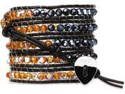 Wrap Bracelet Black Leather with Black and Yellow Crystal Beads