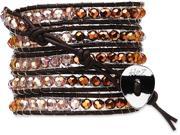 Wrap Bracelet Brown Leather with Pink and Brown Crystal Beads