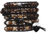 Wrap Bracelet Black Leather with Brown Beads