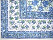 Lotus Flower Block Print Floral Square Cotton Tablecloth 60 x 60 Blue