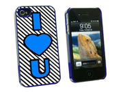 I Love You Big Blue Heart Black Stripes Snap On Hard Protective Case for Apple iPhone 4 4S Blue