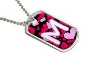 Letter M Initial Hearts Military Dog Tag Luggage Keychain
