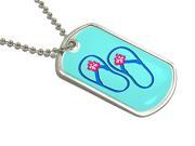 Hibiscus Flip Flops Blue Military Dog Tag Keychain