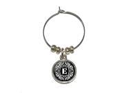 Letter E Initial Black and White Scrolls Wine Glass Charm Drink Stem Marker Ring