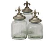 Urban Designs Fleur De Lis 3 Piece Glass Canister Set Silver Finish