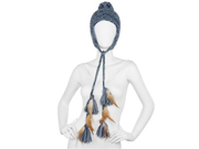 Arizona Womens Blue Knit Trapper Hat Pom Top Braided Peruvian Feather Tassels