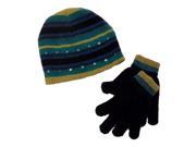 Faded Glory Girls Green Blue Stripes Sequin Hat Gloves Beanie Set