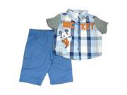 Disney Mickey Infant Boy Blue Cargo Shorts Plaid Button Up T Shirt Set 3 6m